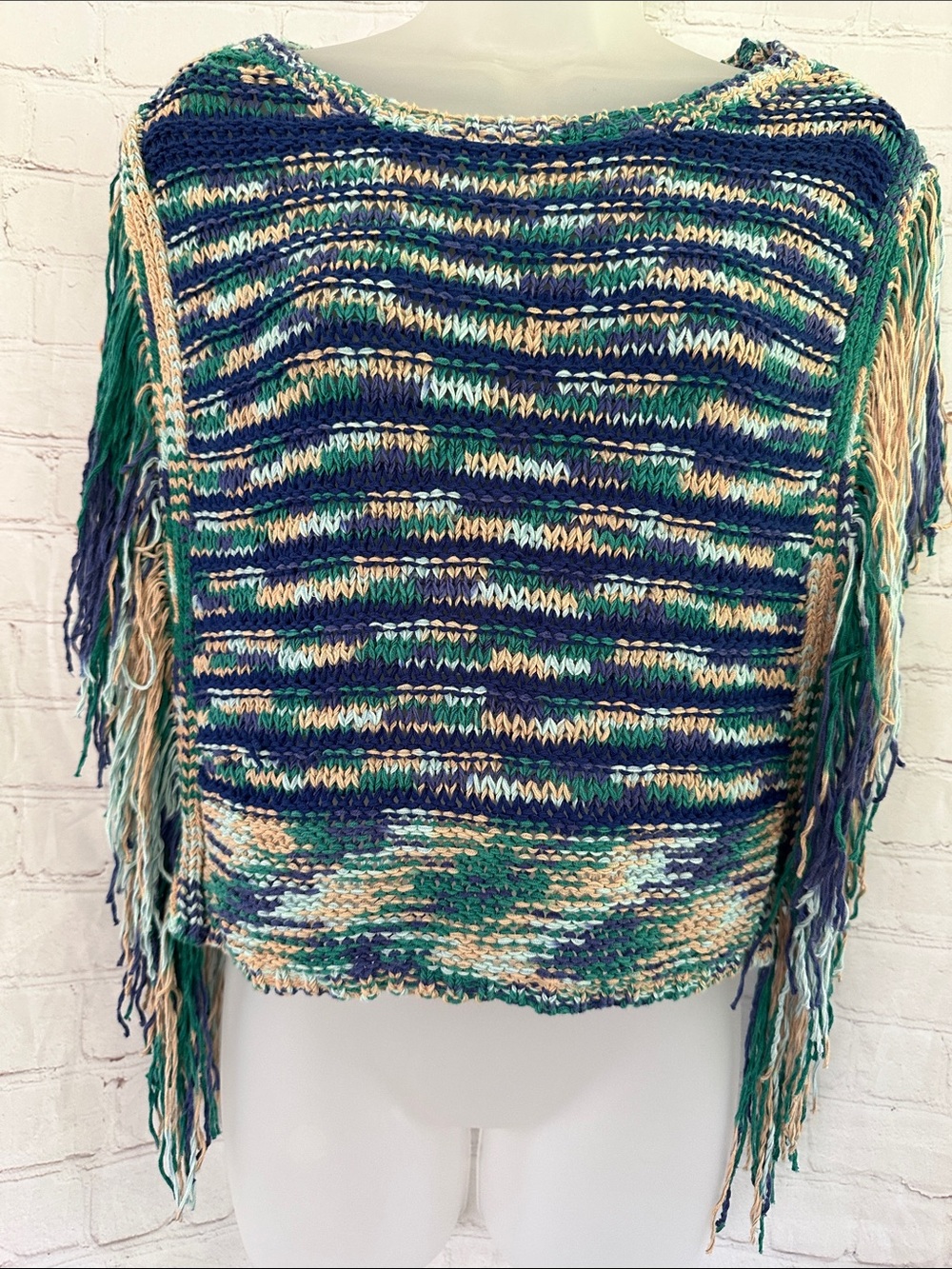 1. State Fringed Multicolor Knit Sweater - Green & Blue size S